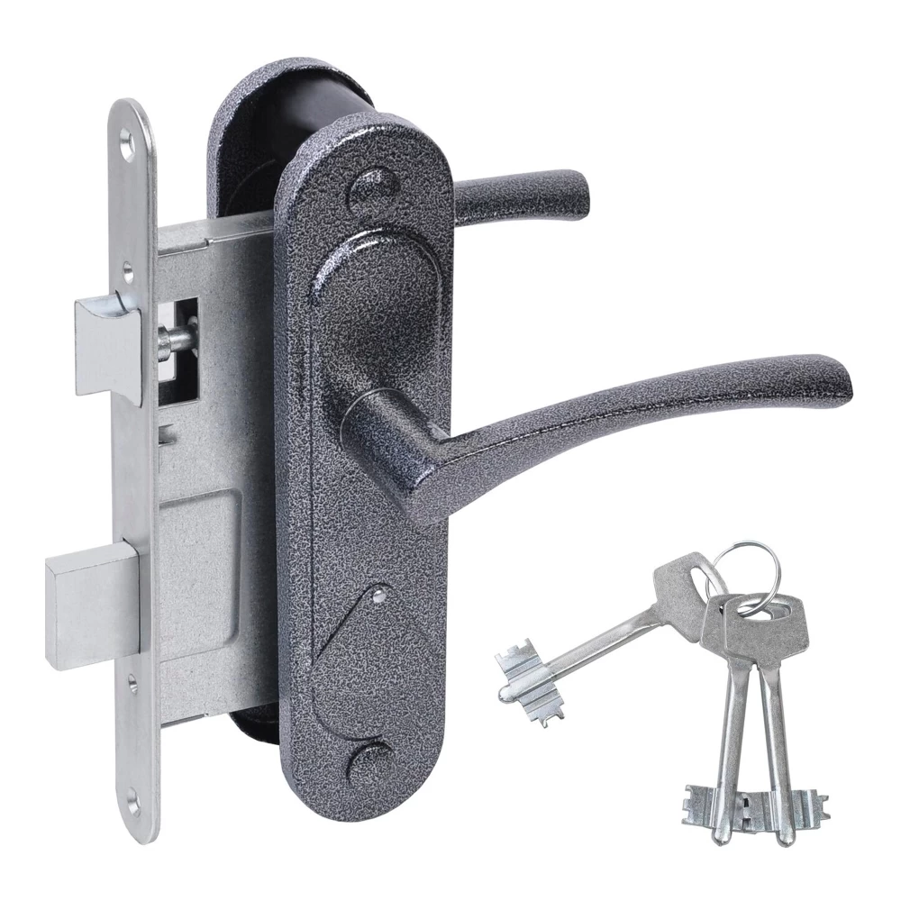 Фото Замок врезной сувальдный с защёлкой в комплекте с ручкой ЗВ9.2-07 (серебро антик), 3 кл.